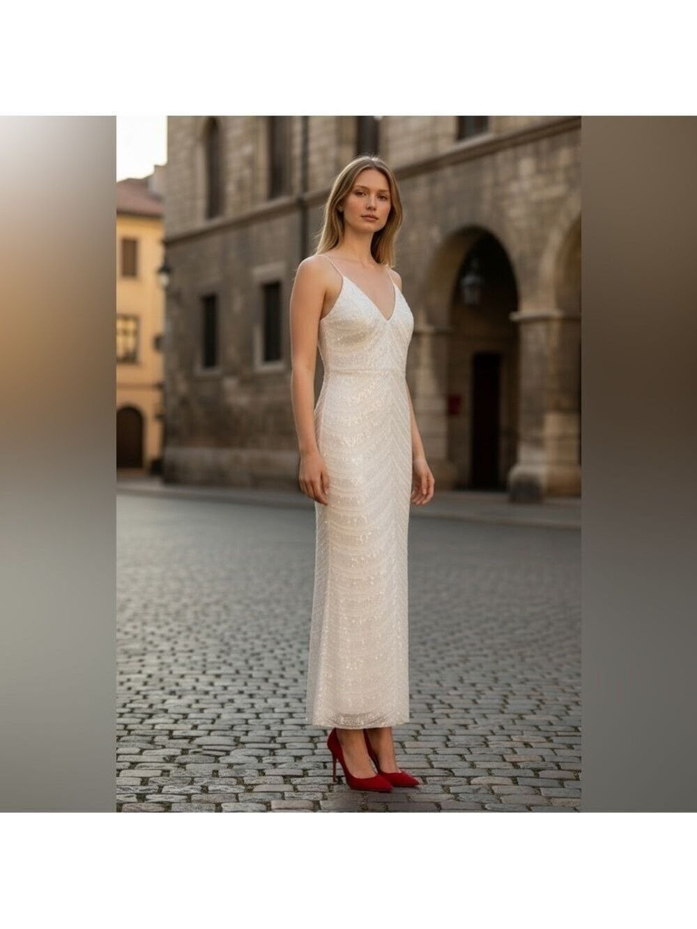 Hot Miami Styles White Pearl Sequin V-Neck Maxi Dress Small
